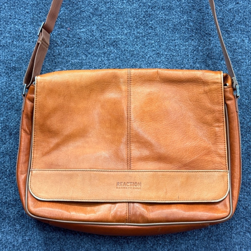 Kenneth Cole Reaction Messenger Bag Mens OS Brown Leather Crossbody Satchel Work